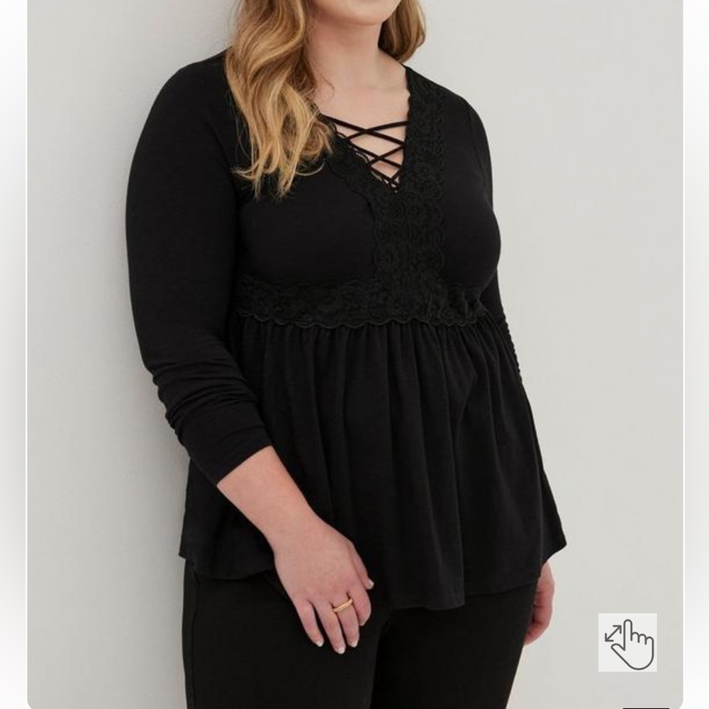 Torrid Babydoll Super Soft V-Neck Lace-Up Lace Trim Top Black NWT Size 2 / 2X